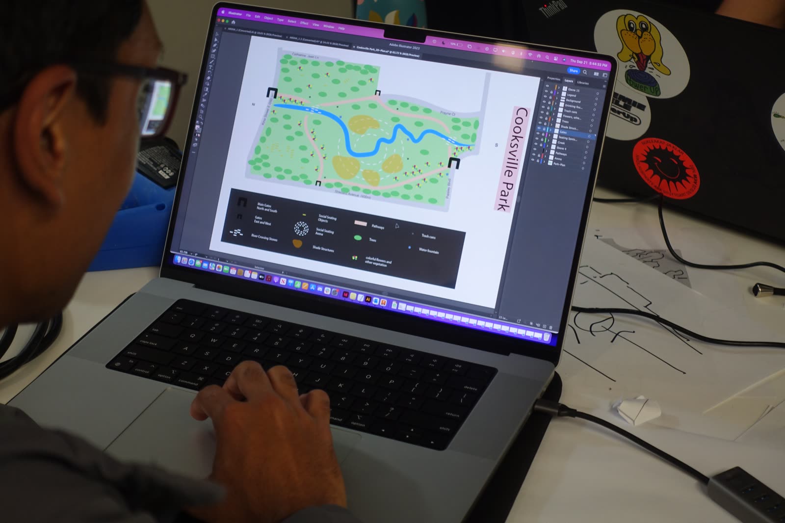 A detailed Cooksville Park master plan being designed in Illustrator